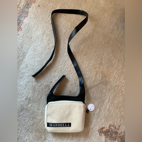 Vintage 90s Designer Marbella Cotton Shoulder Bag Leather Adjustable Strap - Picture 6 of 17